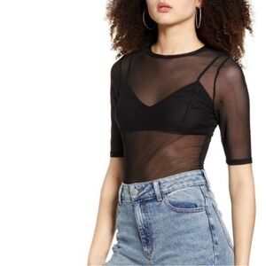 AFRM Sheer Black Mesh Short Sleeves Top NWT